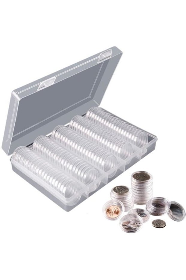 Transparent Universal Coin Box - Universal Coin Capsule - Holds 100 30mm coins - Comes with plastic storage box - for coin collecting - 16.7 ×...