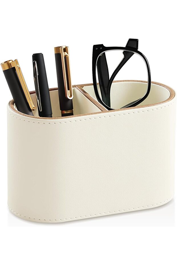 PU leather desktop pen holder, small remote control storage box, multi-functional desktop, double compartment (beige)