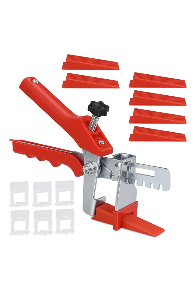 Tile leveling system, including 1 pair of pliers, 90 wedges, and 90 clips (1 mm), suitable for 7-14 mm thick tiles.