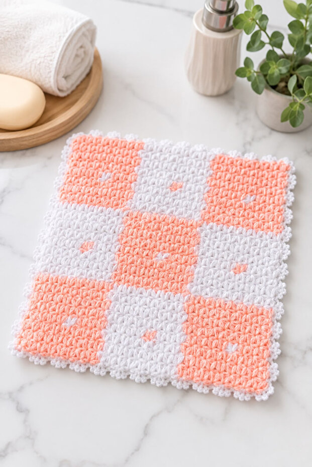 Hand Knitted Square Bath Washcloth | Orange & White Bath Scrubbing Towel | Soft Textured Handmade Fiber | Dowry Bathroom Accessory 30X30 cm