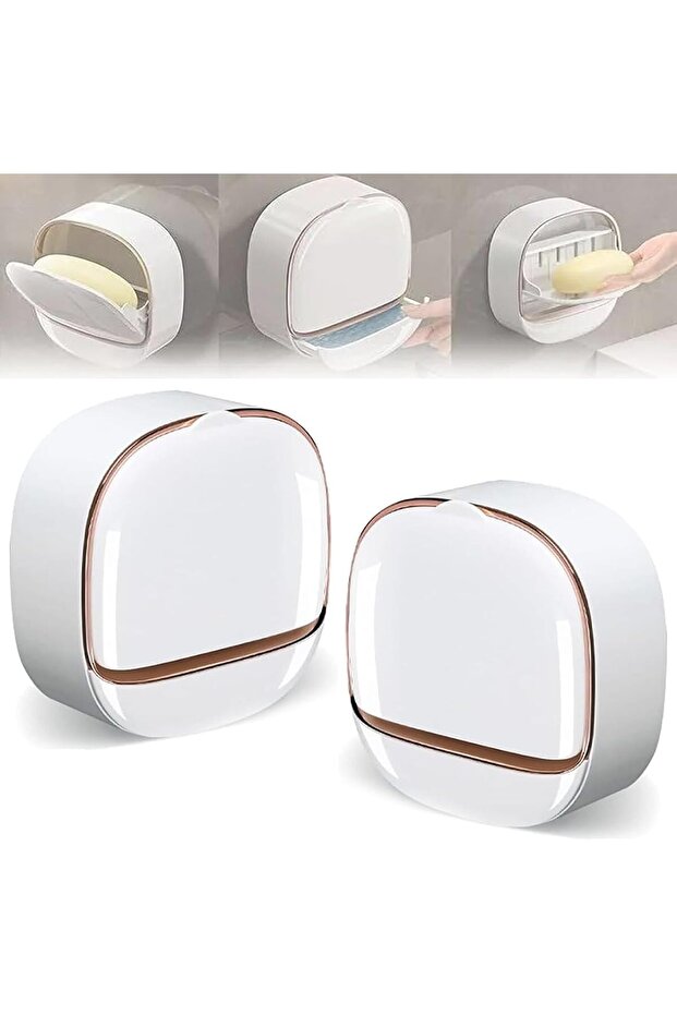 Two-Piece Soap Dish Drain Tray Waterproof Wall-Mounted Flip-Top Lid White