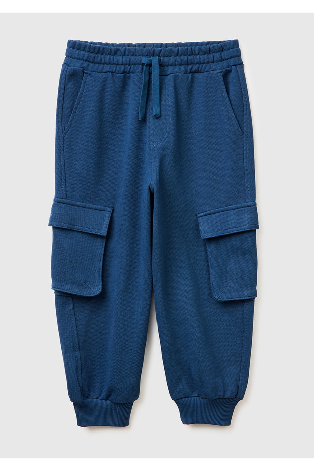 Boys' Dark Navy Blue Drawstring Waist Cargo Sweatpants with Side Pockets