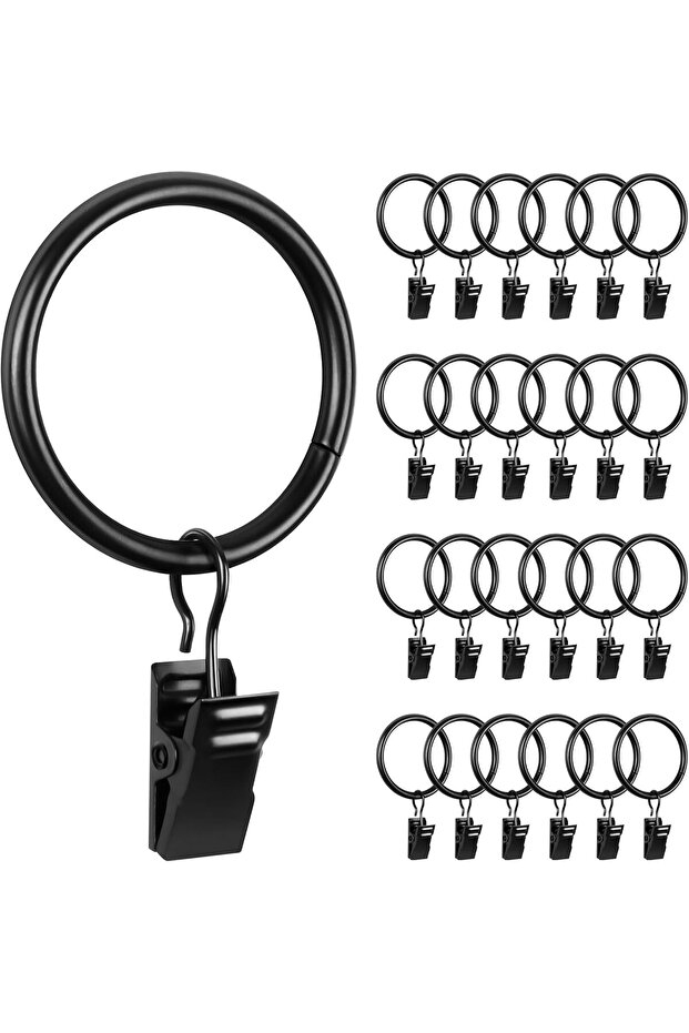 25 clip-on curtain rings for curtain rods, windows, doors, and shower curtains; 32mm inner diameter (black).