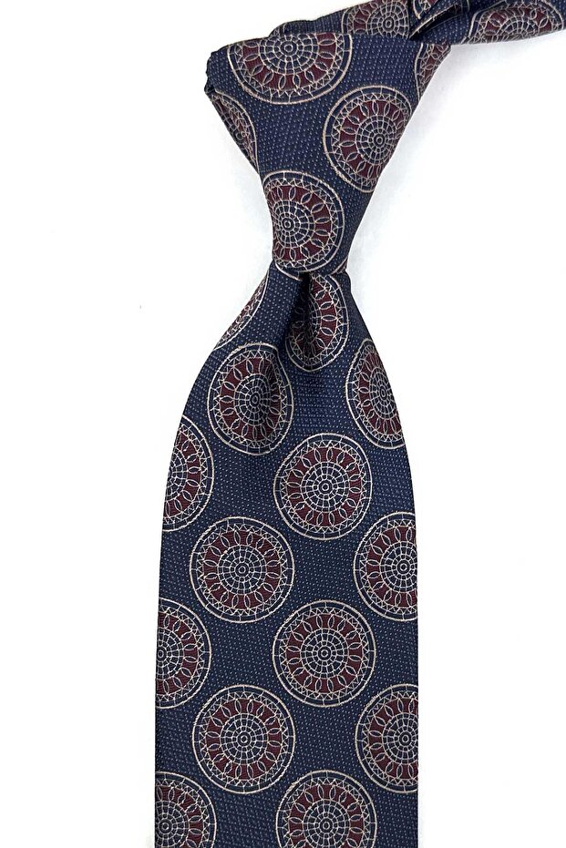 Navy Blue Claret Red Motif Patterned Classic Tie with Handkerchief Kk13975