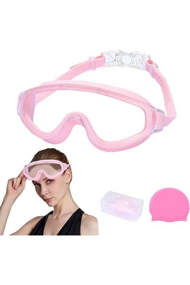 Adult Women's High-Definition Waterproof Swimming Goggles Set with Silicone Earplugs & Swim Cap