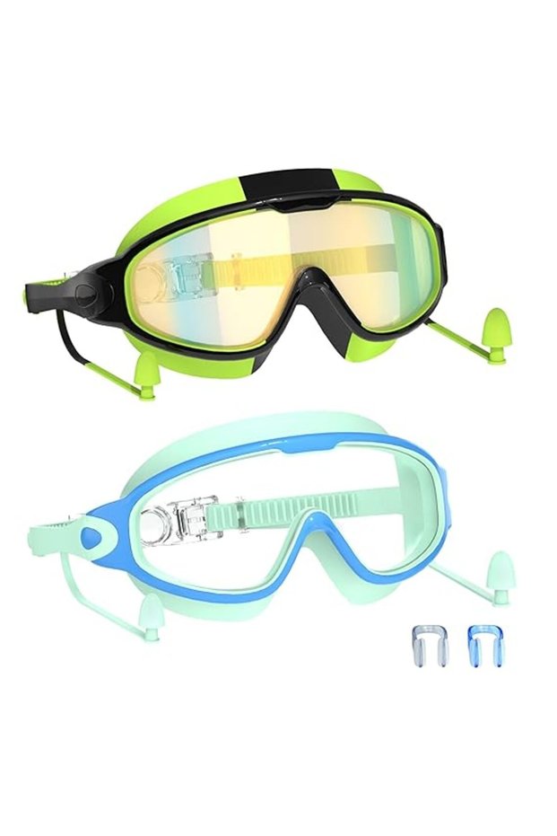 Children's swimming goggles (3-15 years old), with earplugs, large frame, anti-fog/UV protection, unisex, green + light blue.