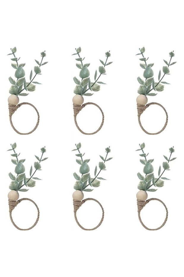 Rustic-style artificial eucalyptus green wooden napkin rings (pack of 6)