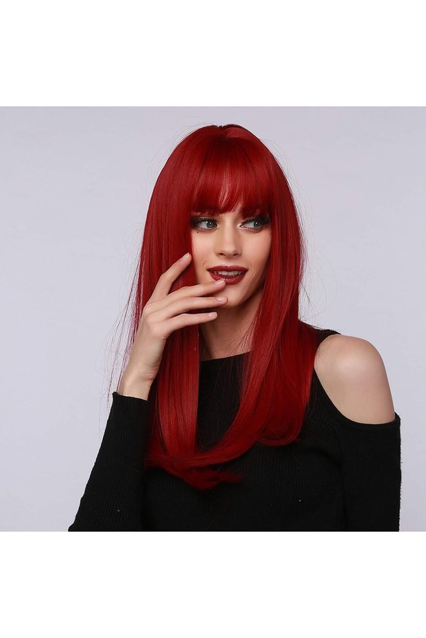 Women's wig, long straight red fiber high-temperature wig with bangs, 22-inch braided wig for straight women, suitable for party cosplay.