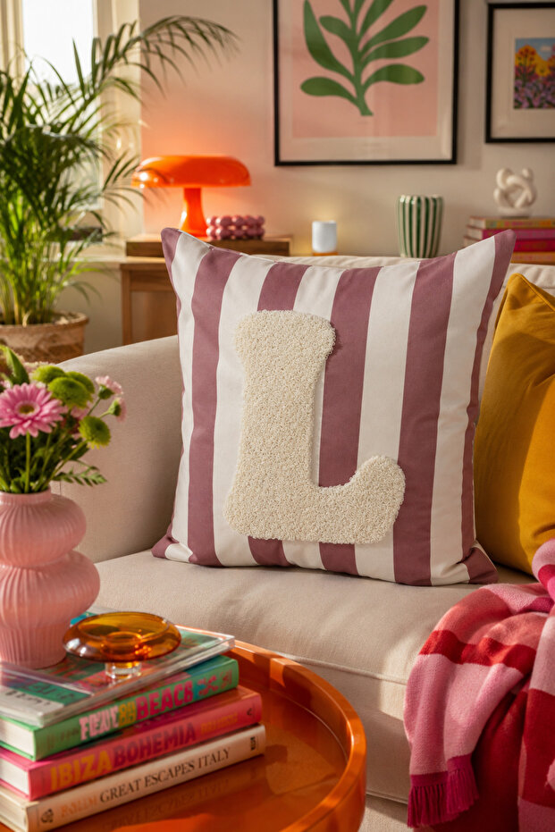 Punch Embroidered Throw Pillow Cover - 43*43 cm - Mocha Letter L - Pnk001