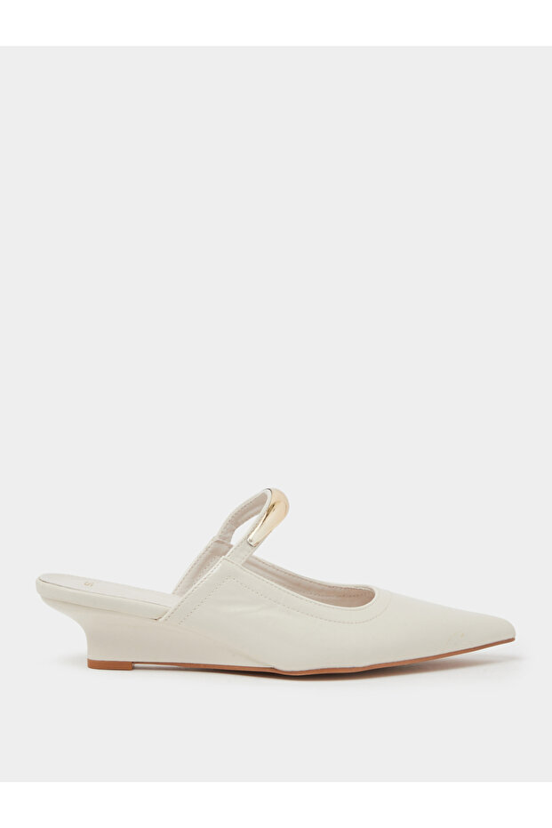 Beige Pointed-Toe Metal Strap Mules