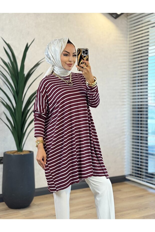 0723 Wide Striped Tunic Plum