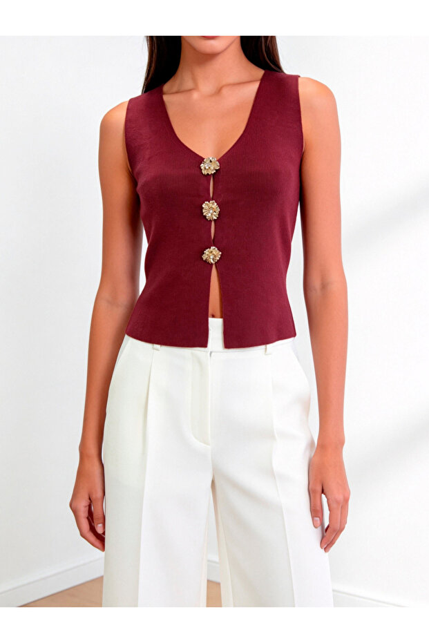 Burgundy Sleeveless Knit Top with Floral Buttons