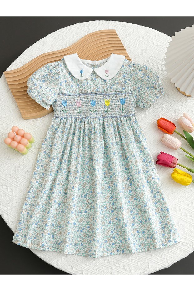Girls Floral Print Smocked A-Line Dress