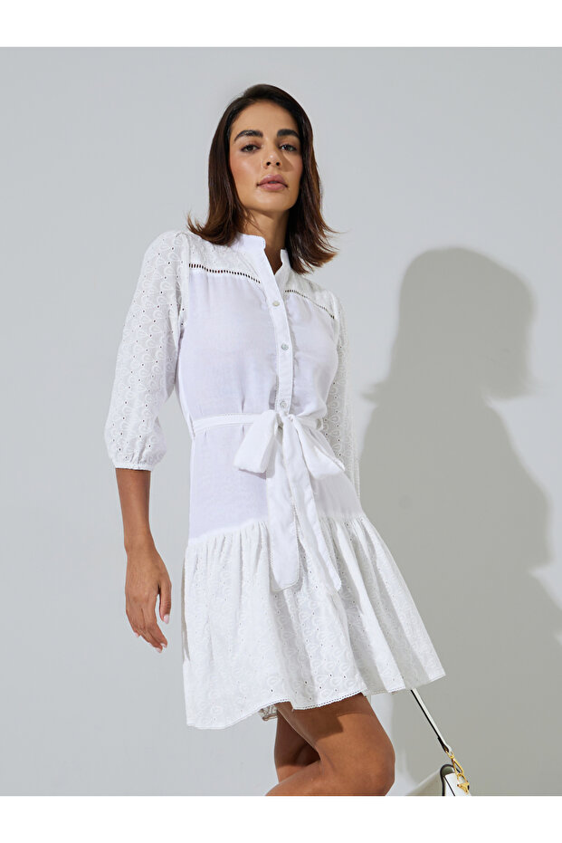 Off White Cotton Schiffli 3/4 Sleeves Mini Dress