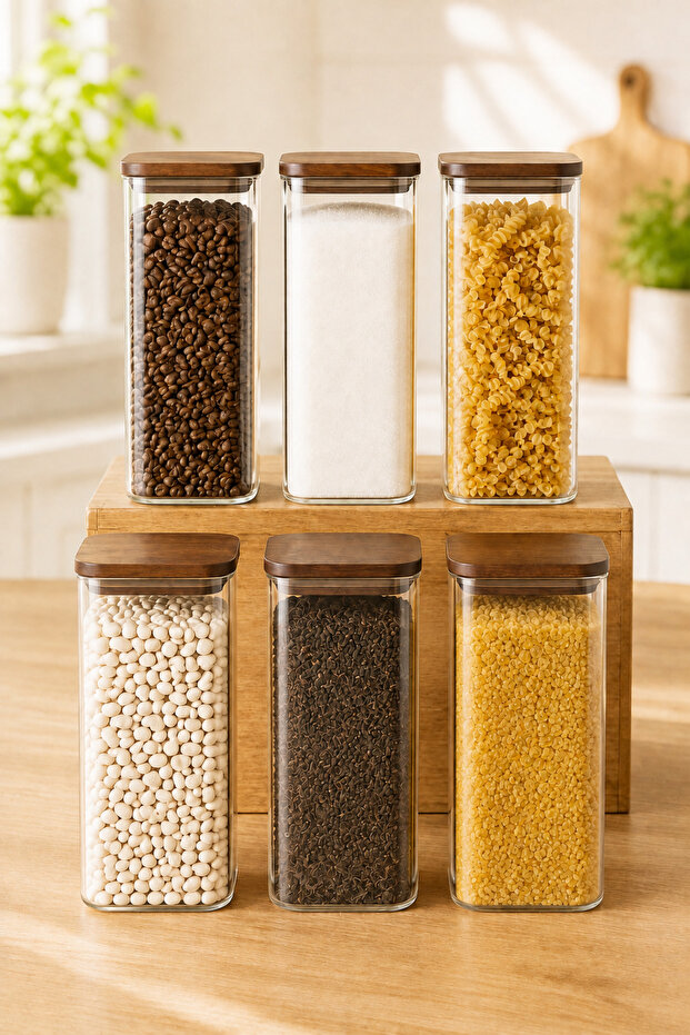 6-Piece Acacia Lid 1200ml Vacuum Square Borosilicate Glass Food Storage Container - 8461-2