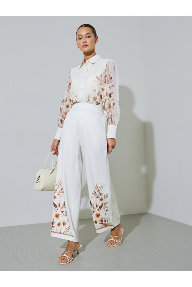 Off White Floral Print Straight Fit Pants