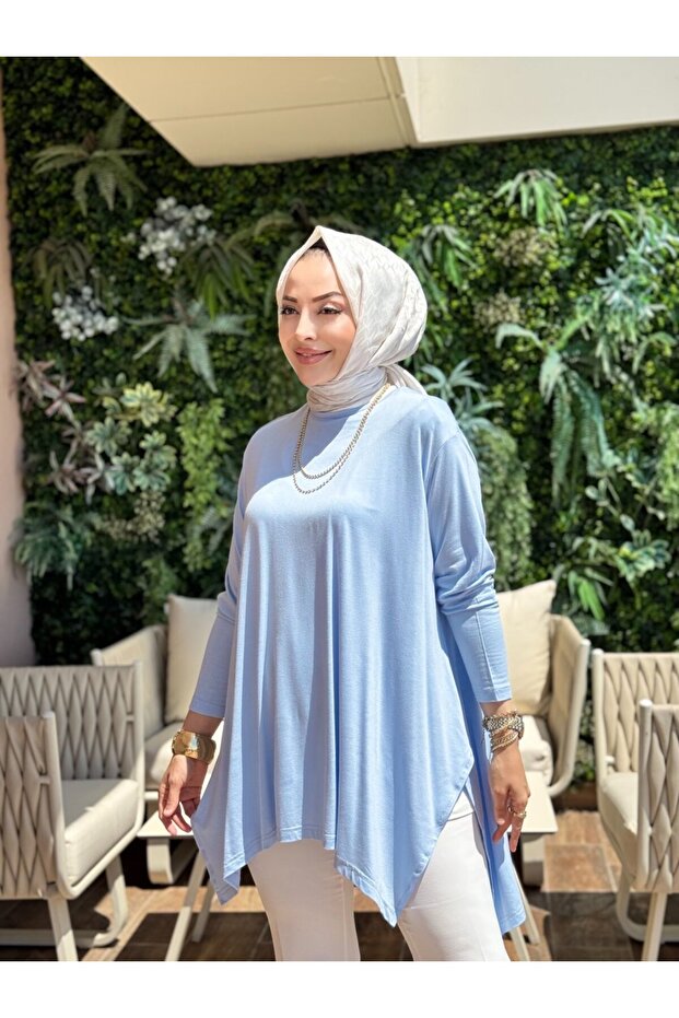 24278 Combed Cotton Tunic with Side Slits Blue