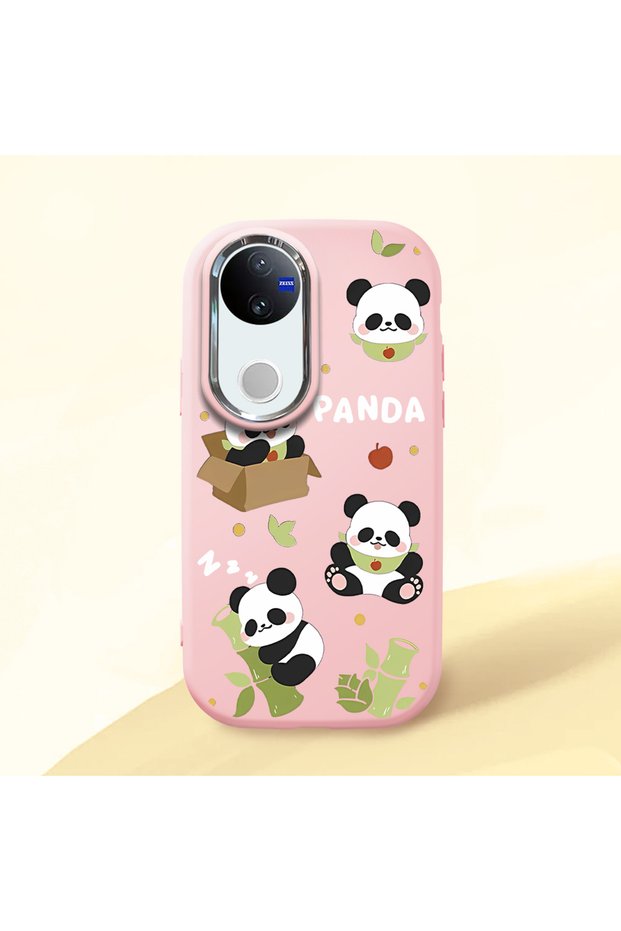Vivo V50 Compatible Case Camera Protector Pink Silicone Couple Phone Case Panda Patterned