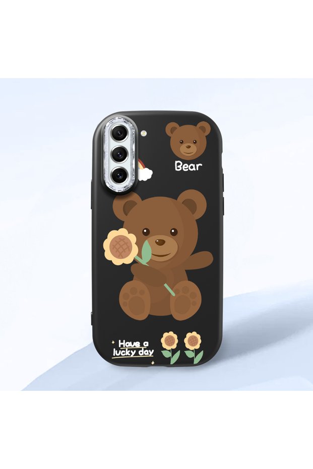 Samsung Galaxy S21 Fe Compatible Case Camera Protector Black Silicone Couple Phone Case Bear Pattern
