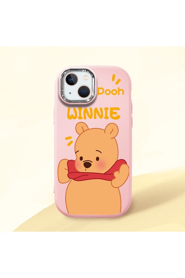 iPhone 13 Compatible Case Camera Protector Pink Silicone Couple Phone Case with Bear Pattern