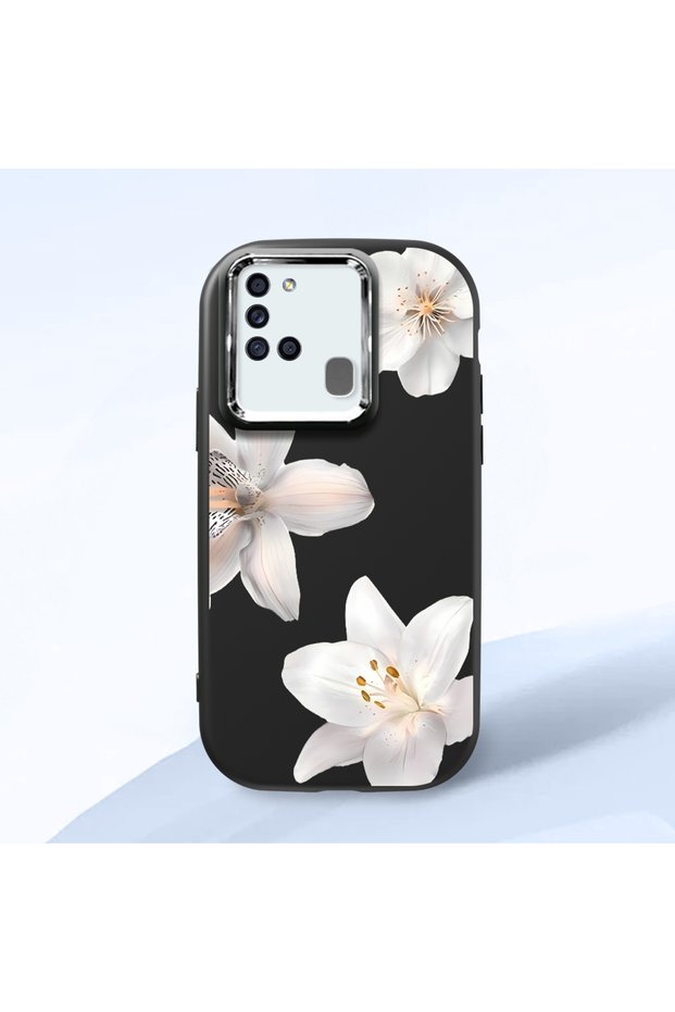 Samsung Galaxy A21S Compatible Case Camera Protector Black Silicone Couple Phone Case Floral Pattern