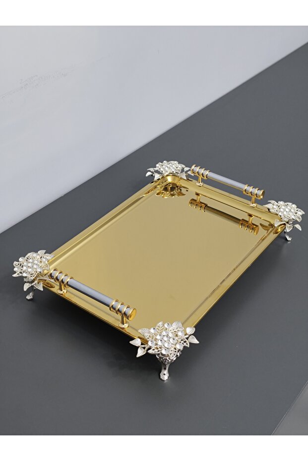 Figured, Metal-Handled, Stainless Steel Rectangular Tray Luxury Presentation Tray Light Gold-Silver
