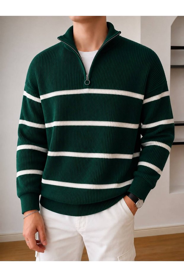 Men's Half Zipper Striped Knitwear Sweater Stand Collar Thessaloniki Knit Comfortable Fit Casual Stylish Sweater