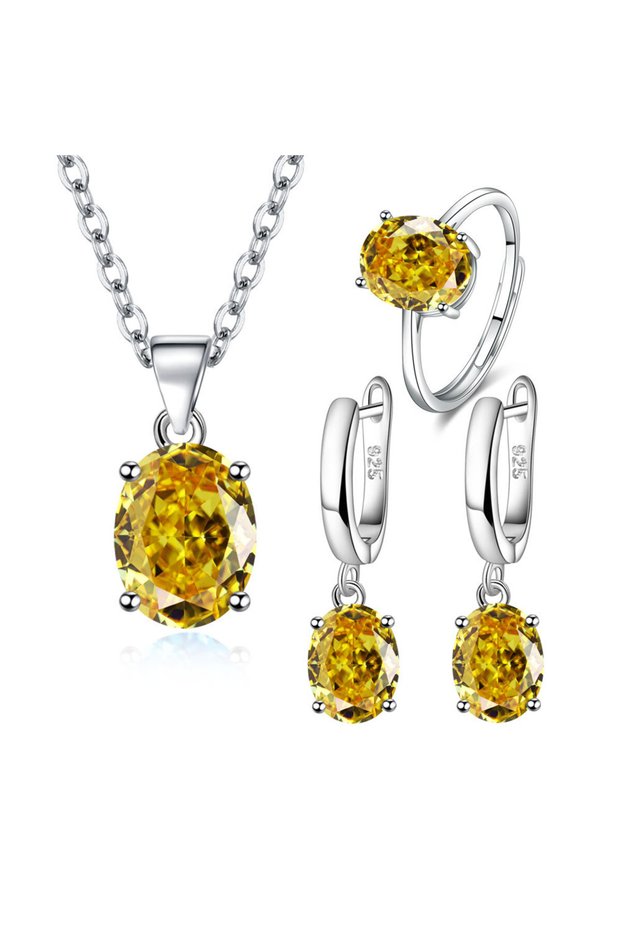 YELLOW 925 Sterling Silver Jewelry Sets For Women Ellipse Zircon Ring Necklace Earrings Luxury Acces