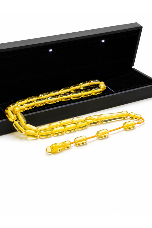 Premium Drop-Imitation Amber Prayer Beads with Lighted Box – 33 Capsule-Cut Gift Prayer Beads Yellow