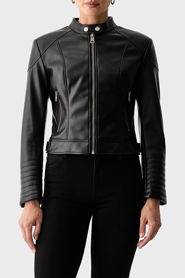 Marlene Regular Fit High Collar Leather Jacket W6Yl25W2914 Women's Leather Jacket W6Yl25 W2914 Jblk