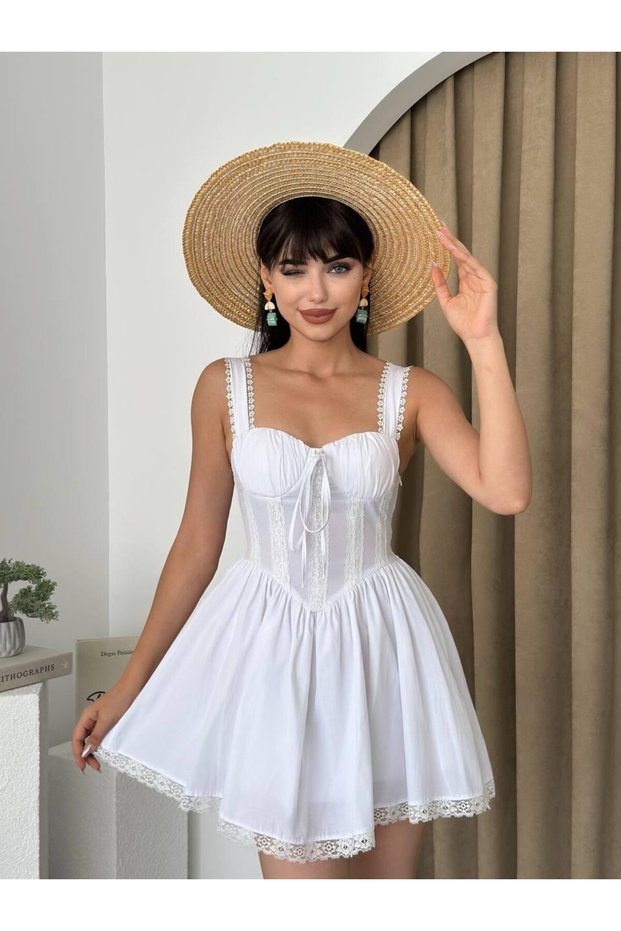 Women's White Mini Dress with Strappy Bodice Detail and Lace Trim