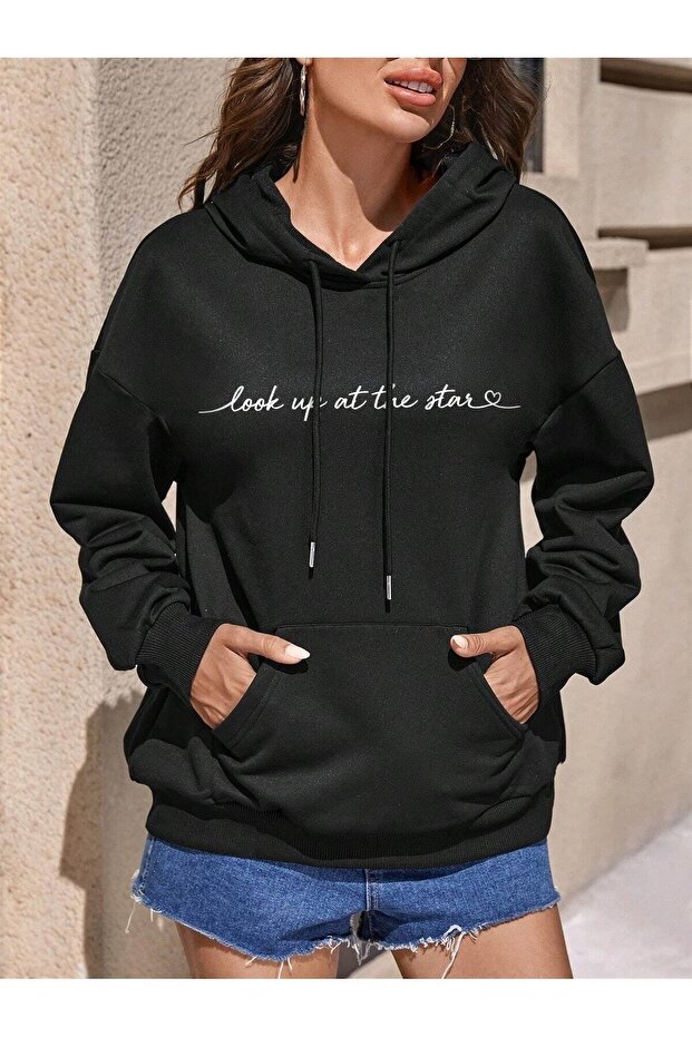 Women's Look up Horse Printed Unisex Black Hooded Oversize Sweatshirt
