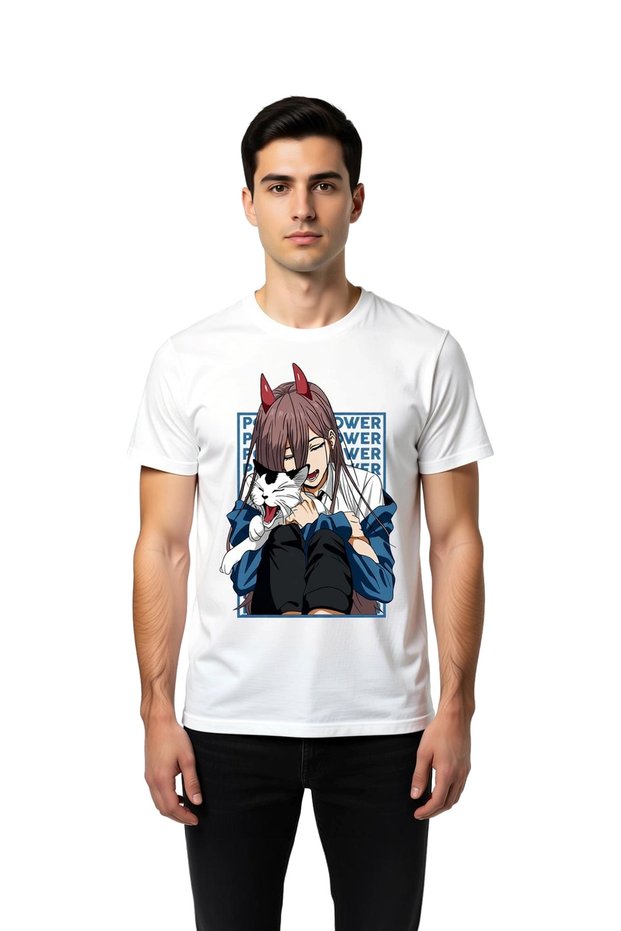 Men's Anime Character Cat Printed Short Sleeve T-Shirt Horned Girl Design Relaxed Fit Casual Stylish
