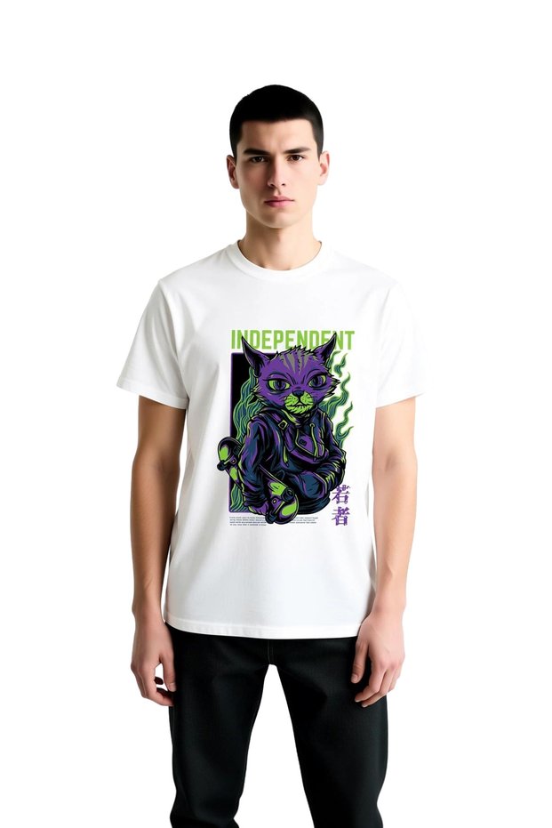 Men's Skateboarder Cat Printed Casual T-Shirt 100% Cotton Relaxed Fit Crew Neck Short Sleeve Modern Stylish Elegant
