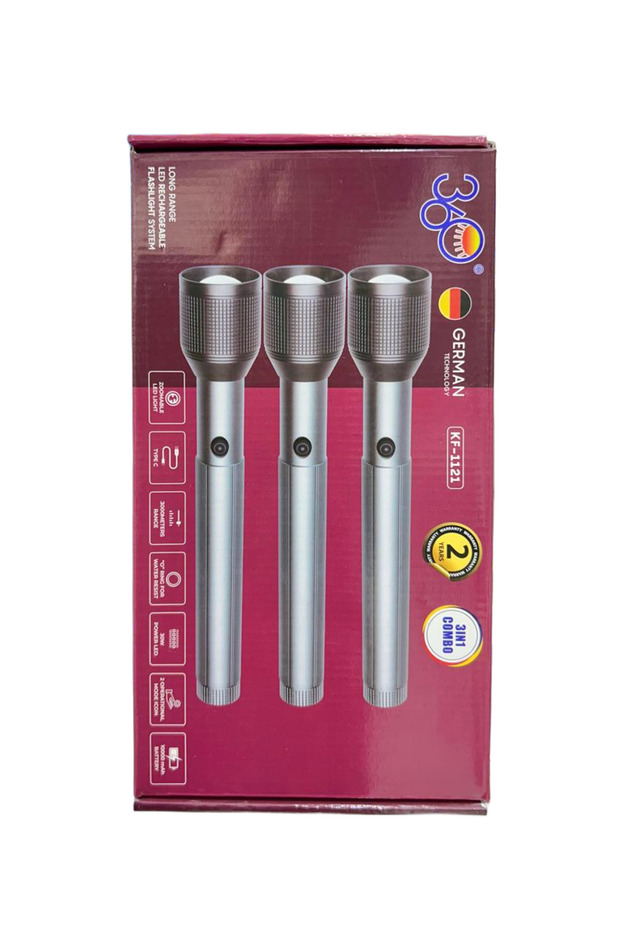 3-piece set of German Technology Long Range rechargeable LED flashlights, model KF-1121