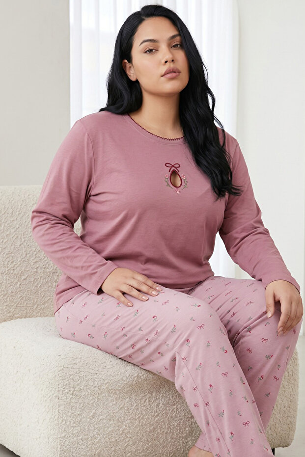 Powder Patterned Cotton Lycra Large Size Oversized Knitted Pajama Set26240911