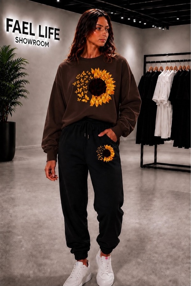 Unisex Wide Cut Zero Neckline and Sweatpants Moonflower Printed Set