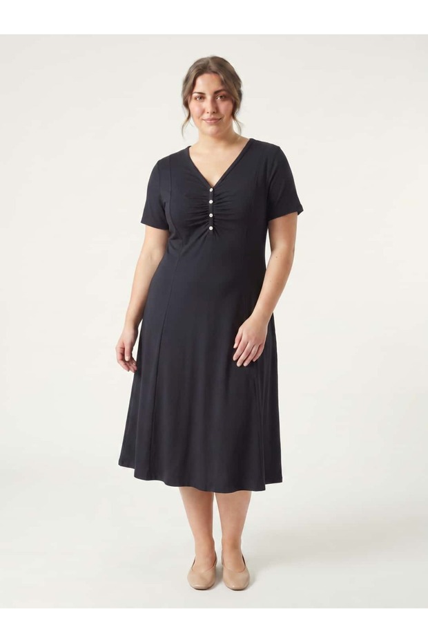 Women's Plus Size Midi Dress V-Neck Gathered Buttoned Combed Cotton Black