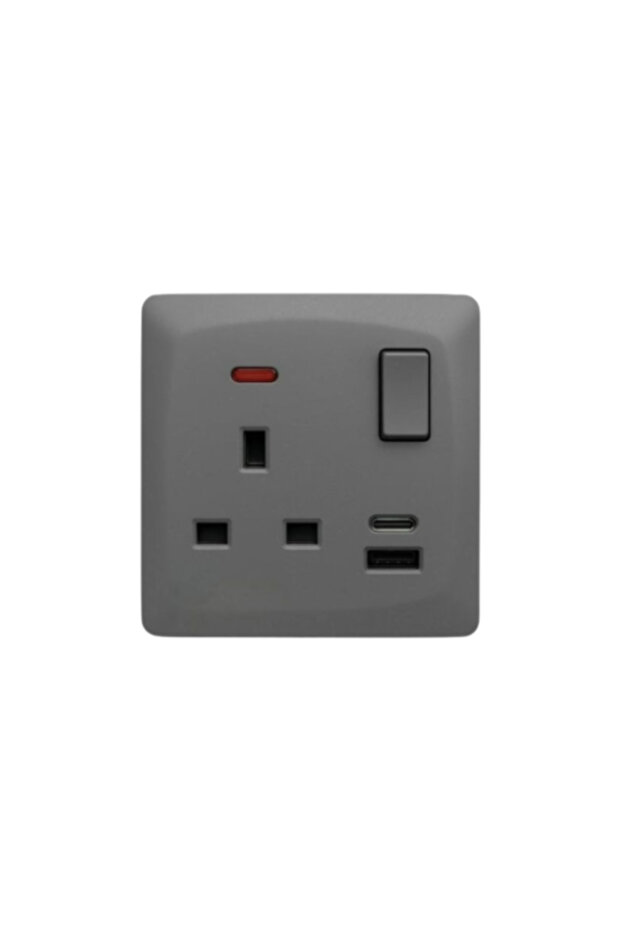 فيش مع مفتاح ولمبة 13 أمبير USB+Type-C رمادي - الرائد بلس PLUS