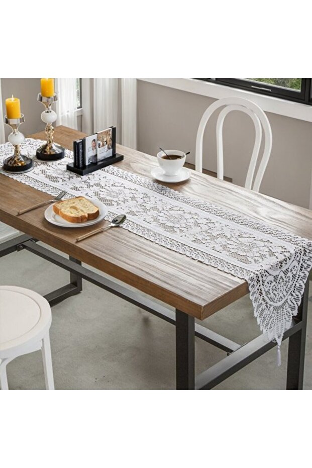 Table runner, 33 x 183 cm; white embroidered table runner with lace tassels, suitable for table decoration.