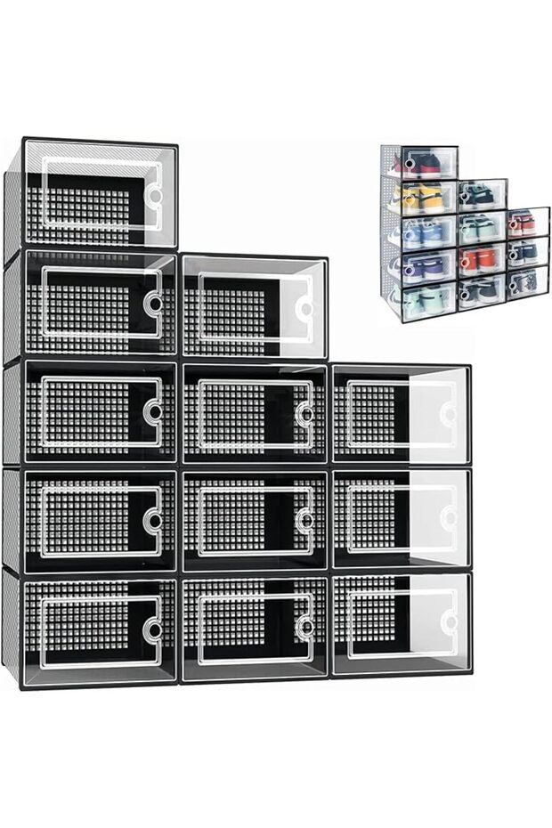 12PCS Shoe Boxes Clear Plastic Stackable, Display Sneakers, Multifunctional Clothes Under Bed Shoe S