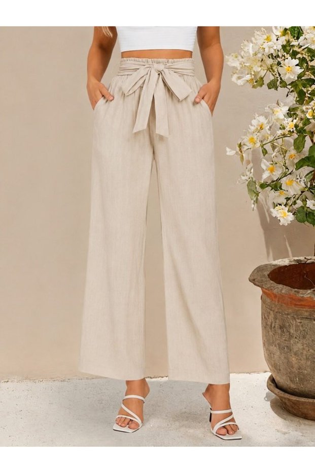 Women's high-waisted, elasticated waist, drawstring, wide-leg trousers with ruched detail