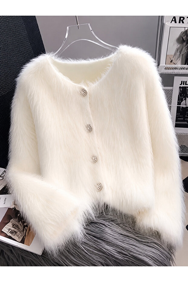 Kadın Tüylü Kumaş Peluş Düğmeli Basic Hırka