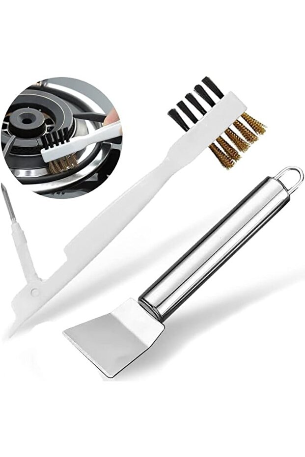 Kitchen Stove Cleaning Brush and Scraper Tool Set, Heavy Duty Brass Wire Brushes for Range Hood Grea