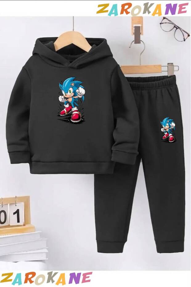 Blue Character Sonnik Printed Winter Children's Hooded Top and Bottom Cotton Tracksuit Set (Bottom with Pockets)