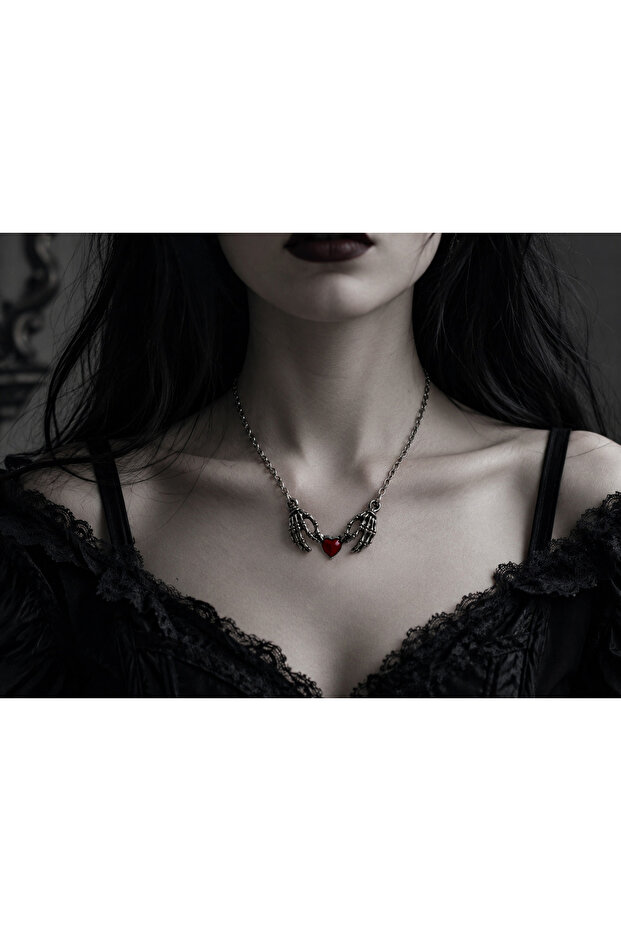Gothic Necklace with Red Heart Detail and Skeleton Hand Figure – Double Hand Design