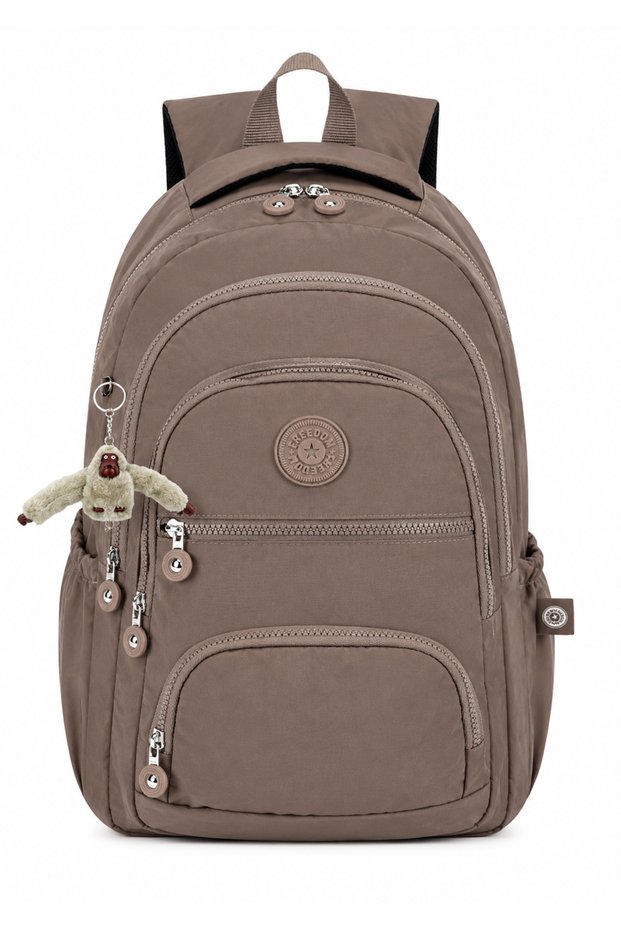 5-Compartment Luxury Crinkle Fabric High School and Middle School Backpack + Monkey Keychain Gift for Women, Men, and Children