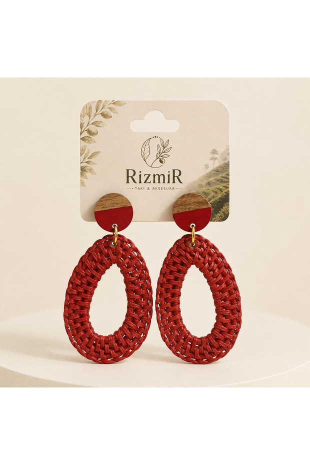 Women's Red Straw Weave Detailed Wooden Look Dangle Earrings