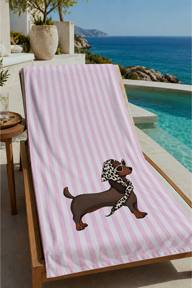 Pink Striped Leopard Figured 70X150 Beach Towel - Digital Printed Bath Towel