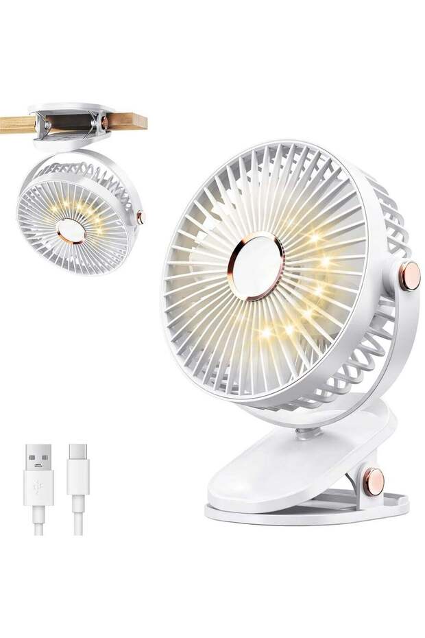 Portable Clip on Fan with LED Lights, Battery Operated USB Desk Fan 5 Speed Quiet Rechargeable Mini Table Fan 360° Rotate Personal Cooling Fan for Home Office Stroller Camping